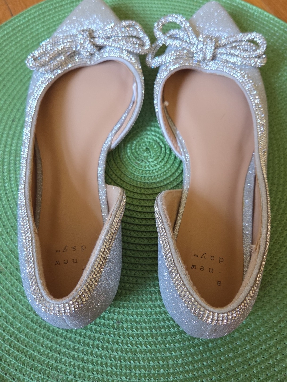 a new day Silver Glitter Pointed Toe Flats with Beaded Bow